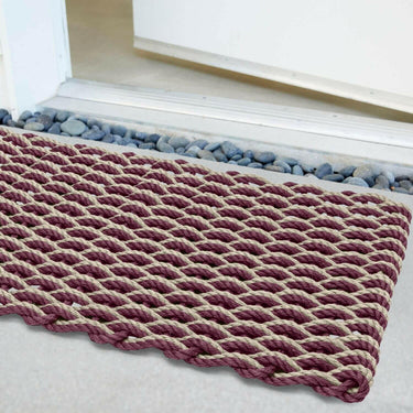 Lobster Rope Doormats, Outdoor Door Mats, Wicked Good Door Mats Made in Maine, Cranberry & Dark Tan Double Weave, Angled View in Front Door